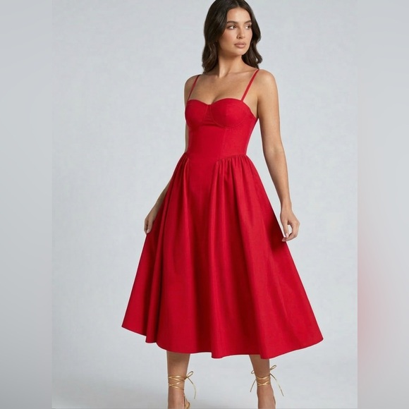 By Design Dresses & Skirts - Elegant Corset-Style Midi Dress in Red